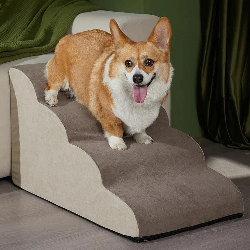 Dog steps providing safe and comfortable access to couch, featuring durable cloth, removable cover, and extra comfort padding.