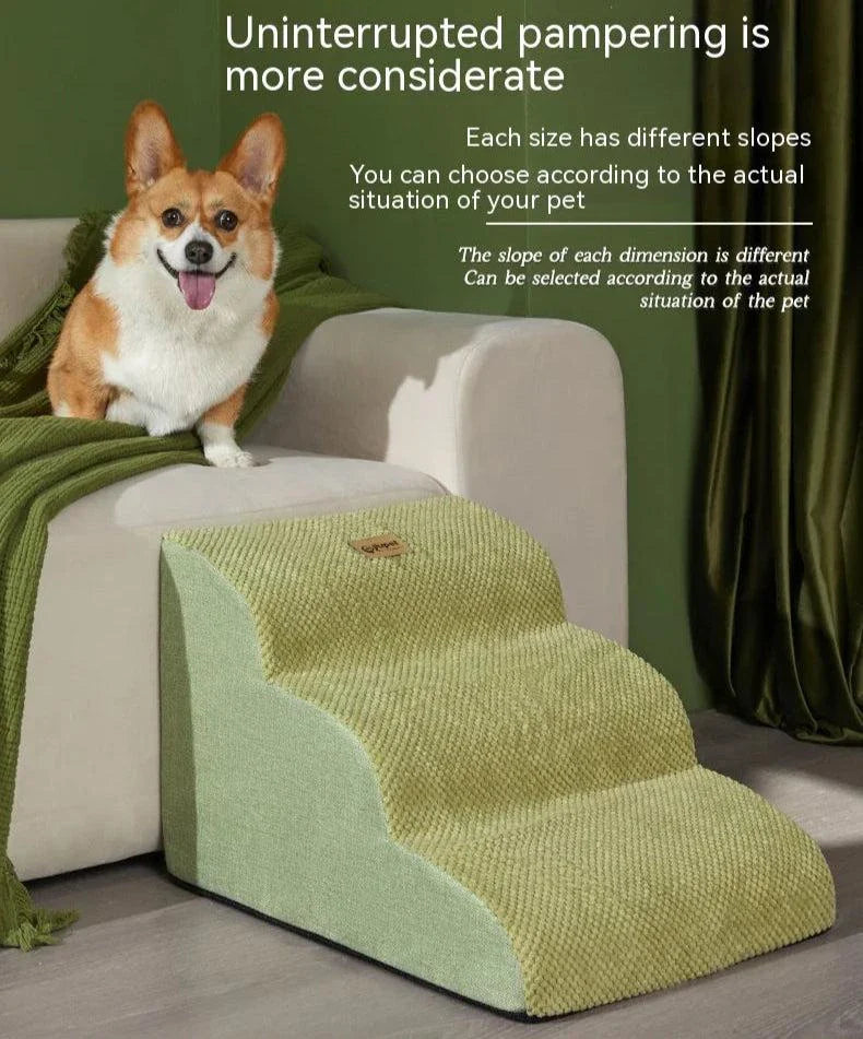 Dog steps by a couch with a happy dog, featuring soft, durable material and washable cover for pets to access elevated areas safely.