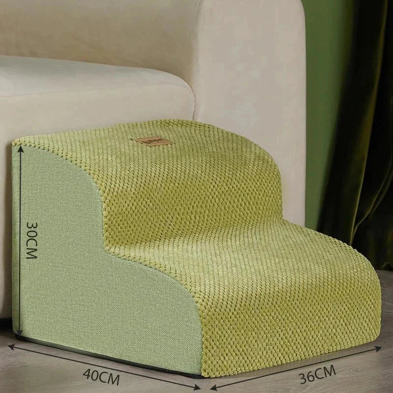 Dog steps for bed or couch with removable washable cover, durable cloth material, and cushioned design.