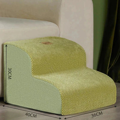 Dog steps for bed or couch with removable washable cover, durable cloth material, and cushioned design.