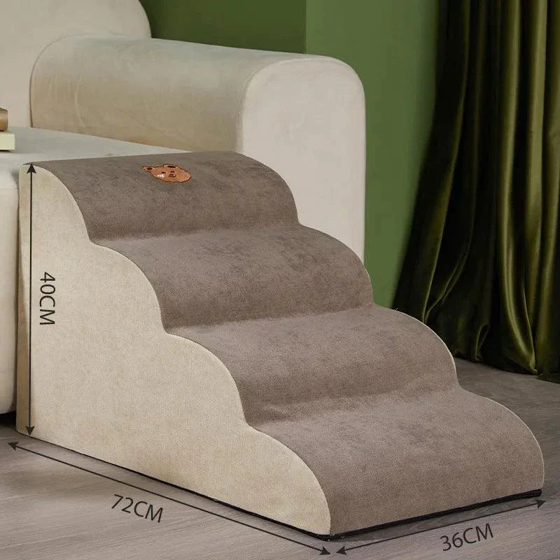 Dog steps for bed or couch, durable and paw-friendly with removable washable cover, padded for comfort.