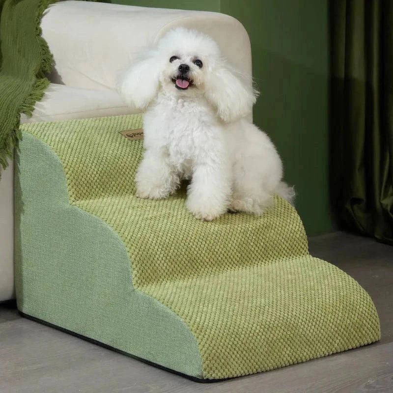 Green dog steps for bed or couch, featuring soft, durable cloth, and removable cover.