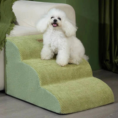 Green dog steps for bed or couch, featuring soft, durable cloth, and removable cover.