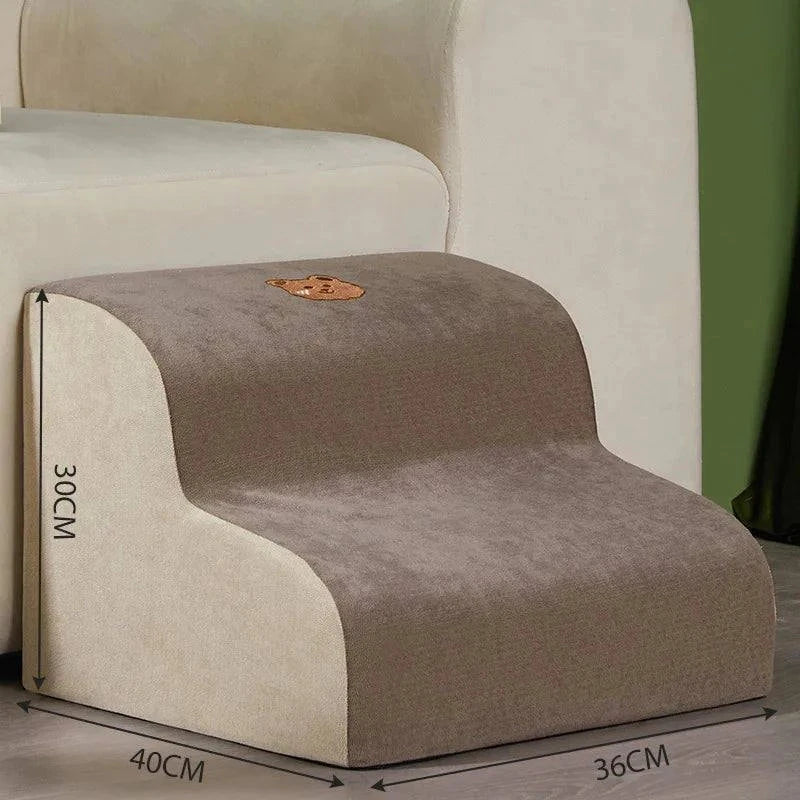 Dog steps for bed or couch, durable cloth material, removable cover, padded for comfort, two size options.